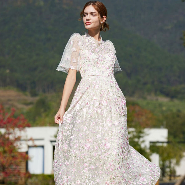 White floral tulle maxi fashion dress