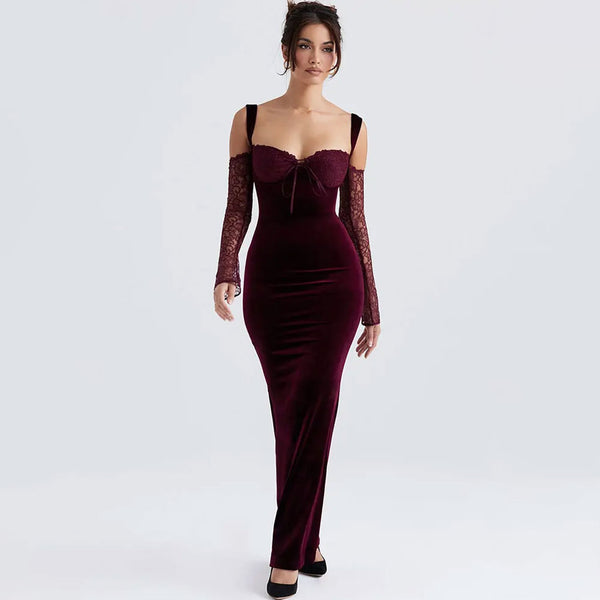 Lavish Velvet Lace Tie Front Cold Shoulder Long Sleeve Fishtail