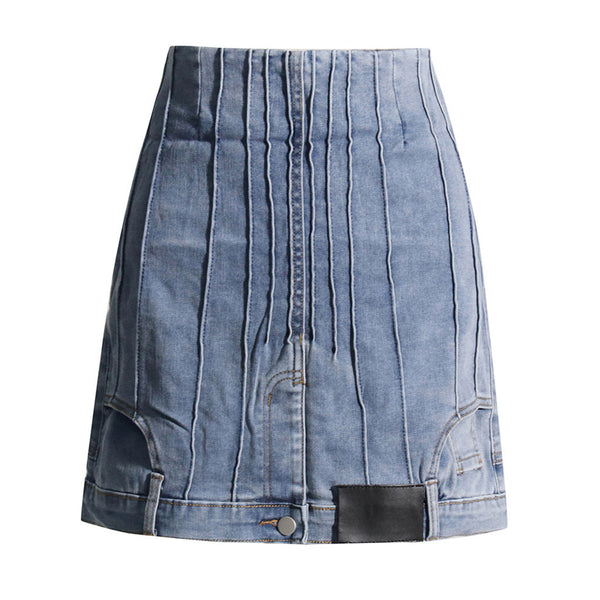 Unique Exposed Seam Upside Down High Waist Mini Denim Skirt