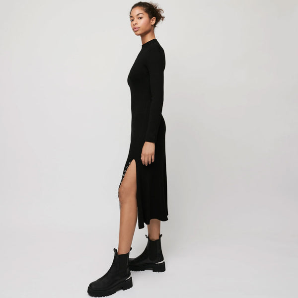 Baroque Long Sleeve High Slit Cashmere Sweater Midi Dress - Black –  Luxedress
