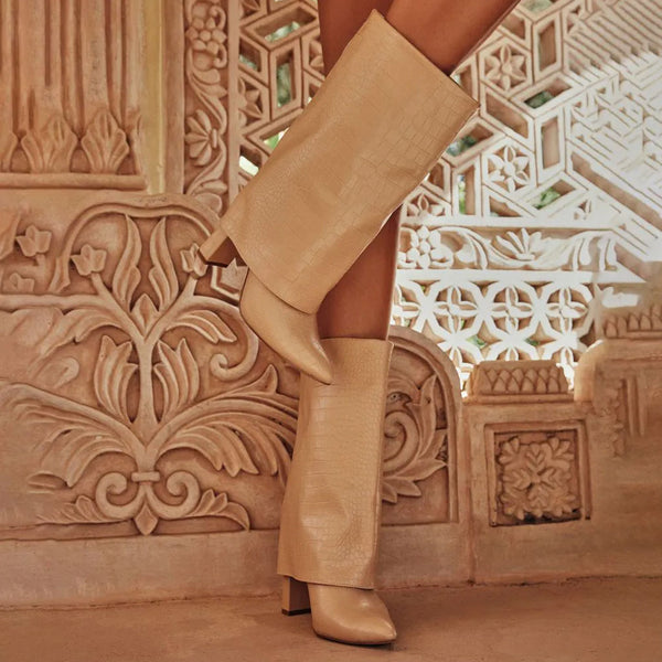 Beige Point Toe Fold Over High Heeled Knee Boots