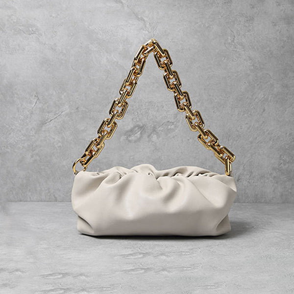 Chunky Chain Link Gathered Leather Cloud Clutch Bag - Beige – Luxedress