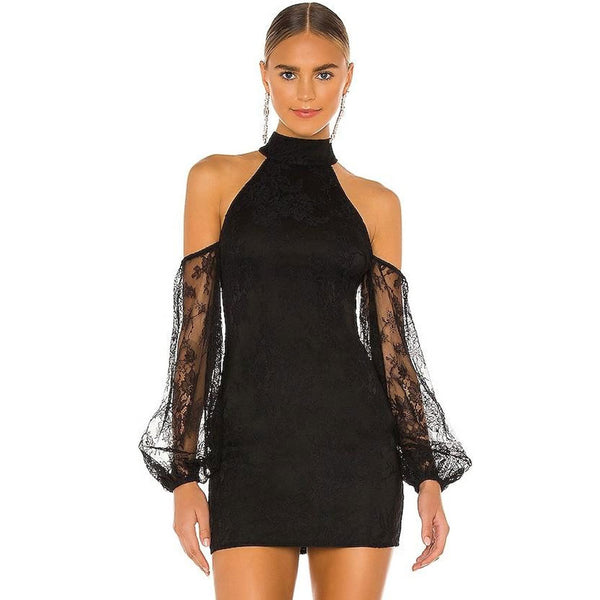 Black lace shop mock neck dress