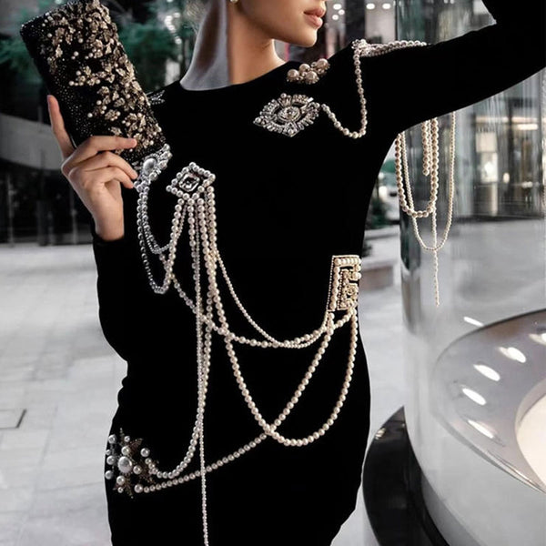 Opulent Pearl and Crystal Embellished Long Sleeve Mini Velvet