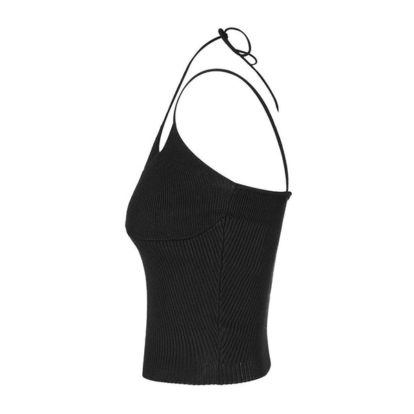 Fitted Ribbed Knit Halter Tank Top in Black