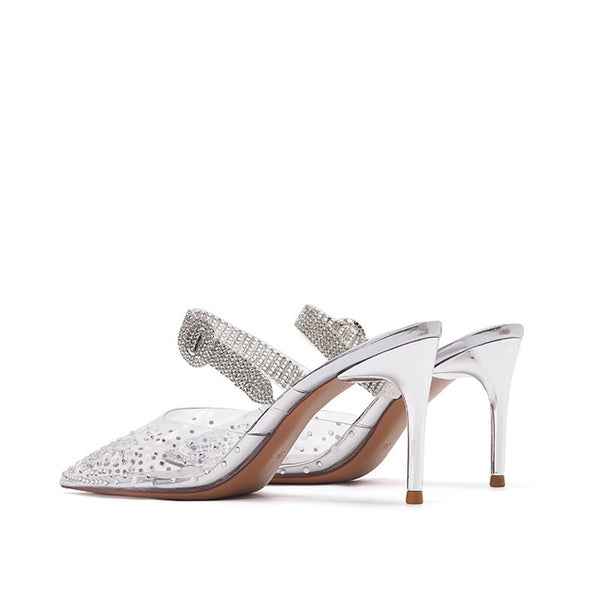 Shimmery Crystal Embellished Clear PVC Pointed Toe Stiletto Mules