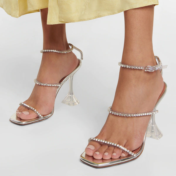 Shiny Crystal Ankle Strap Square Toe Clear PVC Martini Heel