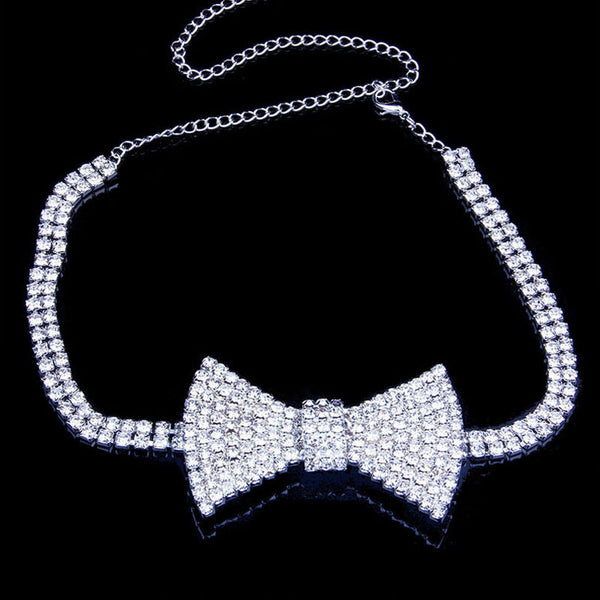 Silver Embellished Rhinestone Bow Tie