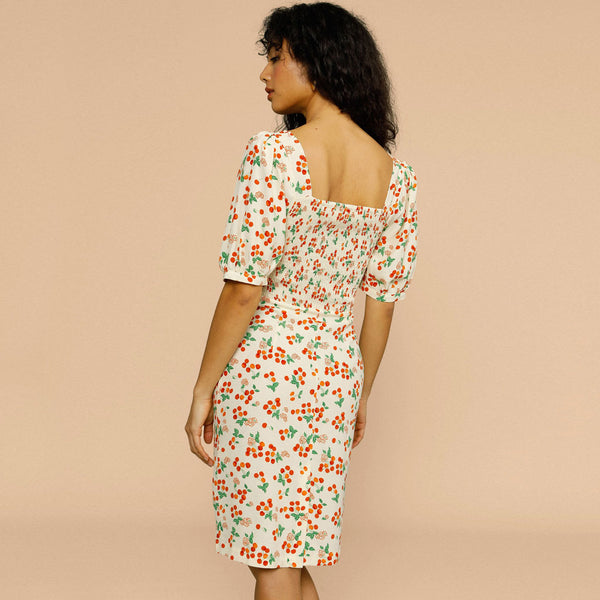 Square collar printed clearance puff sleeve midi dress