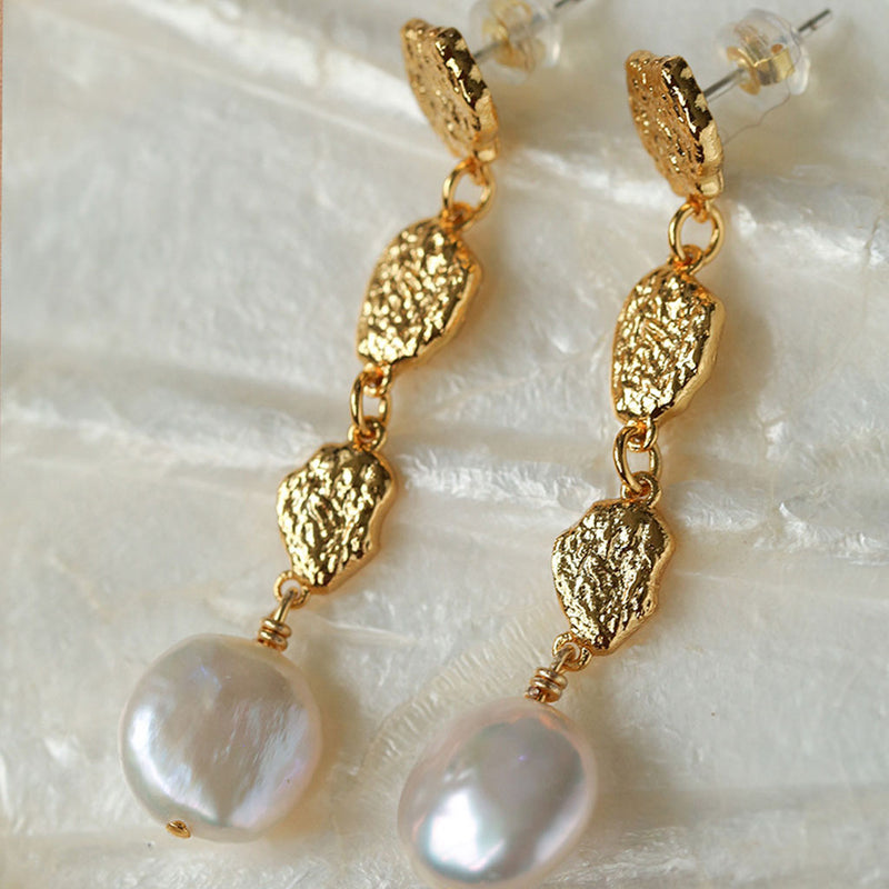 18K Gold Plated Hammered Dot Natural Baroque Pearl Long Drop Earrings