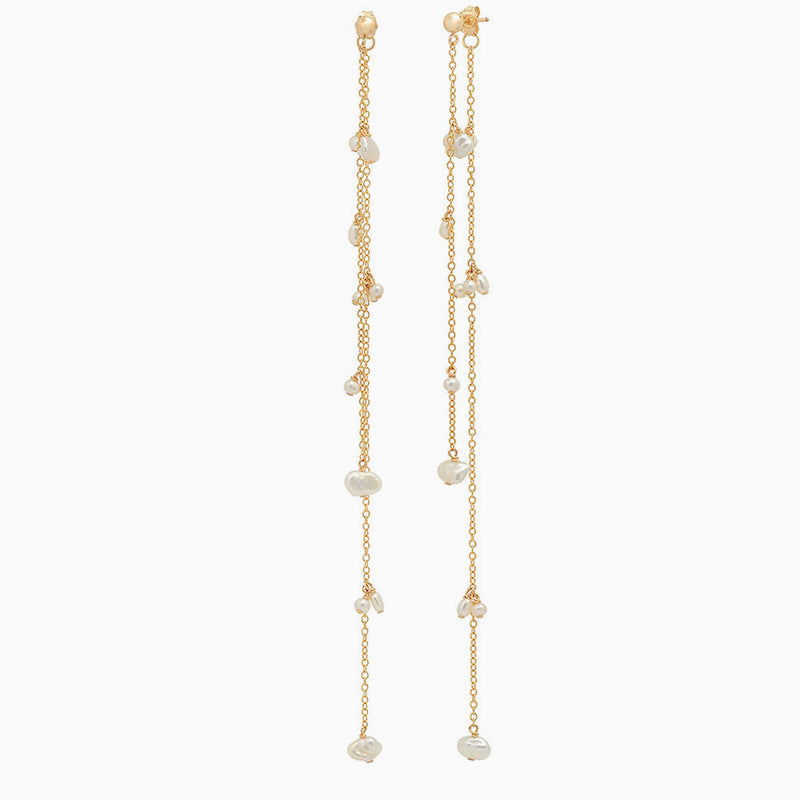 18K Gold Plated Two Tone Baroque Pearl Drop Linear Shoulder Duster Earrings