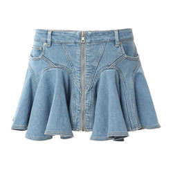 Floating Low Rise Exposed Zip Front Flared Ruffle Denim Micro Mini Skirt
