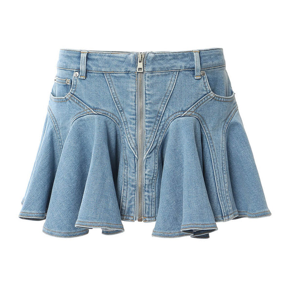 Floating Low Rise Exposed Zip Front Flared Ruffle Denim Micro Mini Skirt