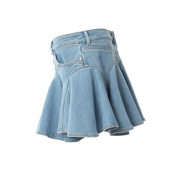 Floating Low Rise Exposed Zip Front Flared Ruffle Denim Micro Mini Skirt