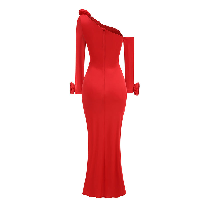 Asymmetric 3D Rosette One Shoulder Ruched Bodycon Maxi Evening Dress