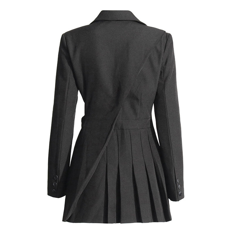 Asymmetric Cutout Lapel Shoulder Pad Button Up Pleated Mini Blazer Dress