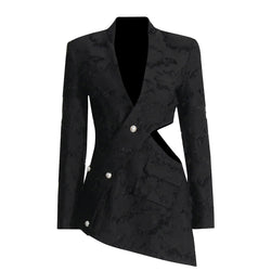 Asymmetric Cutout Plunge Collarless Long Sleeve Button Up Jacquard Blazer