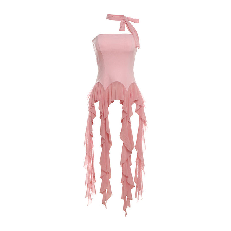 Asymmetrical Choker Draped Mesh Ruffle Fringe Fitted Peplum Tube Top