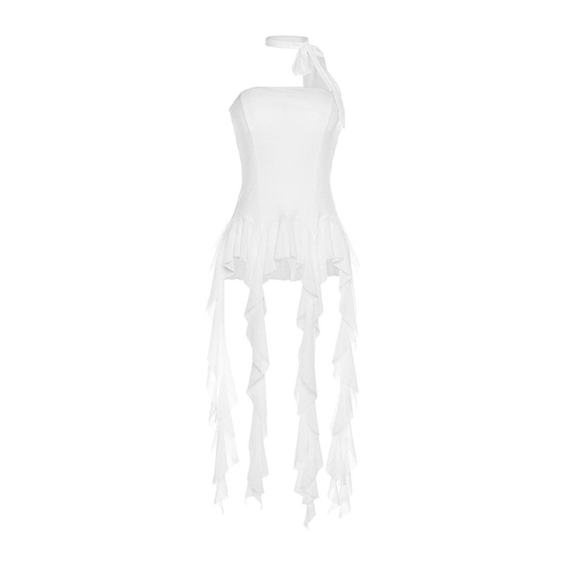 Asymmetrical Choker Draped Mesh Ruffle Fringe Fitted Peplum Tube Top