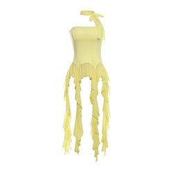 Asymmetrical Choker Draped Mesh Ruffle Fringe Fitted Peplum Tube Top