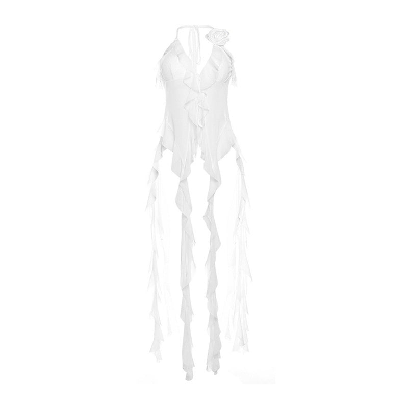 Asymmetrical Halter Plunge Neck Ruffle Fringe Sheer Mesh Rosette Top