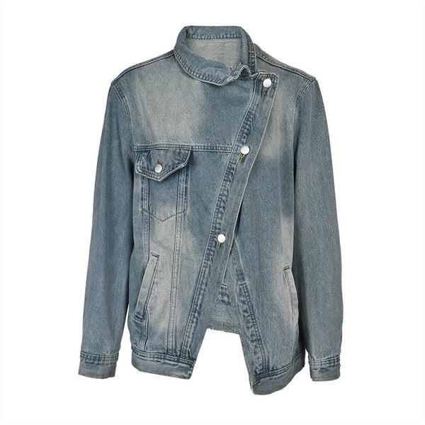 Asymmetrical High Collar Button Up Cutaway Washed Oversized Denim Jacket