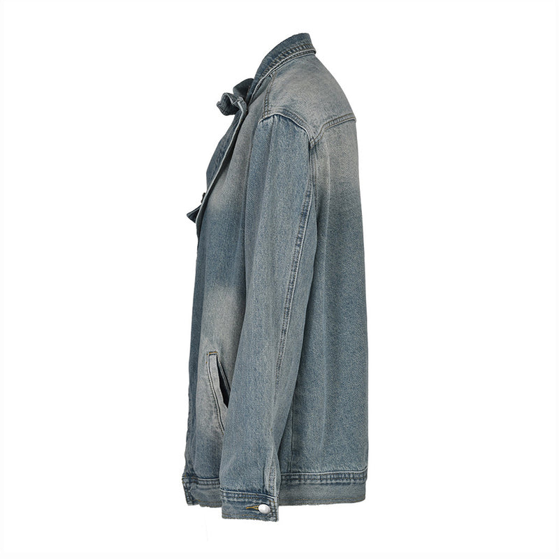 Asymmetrical High Collar Button Up Cutaway Washed Oversized Denim Jacket