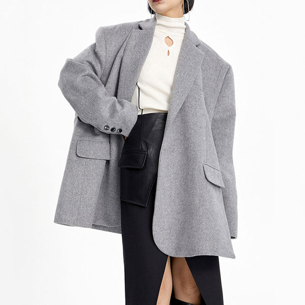 Asymmetrical Lapel Strong Shoulder One Button Oversized Woolen Coat