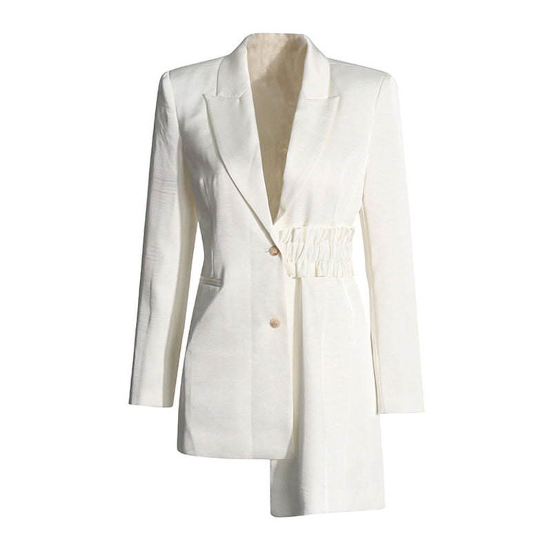 Asymmetrical Lapel Strong Shoulder Two Button Gathered Waist Blazer