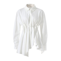 Asymmetrical Solid Collared Button Down Gathered Cinched Waist Long Shirt