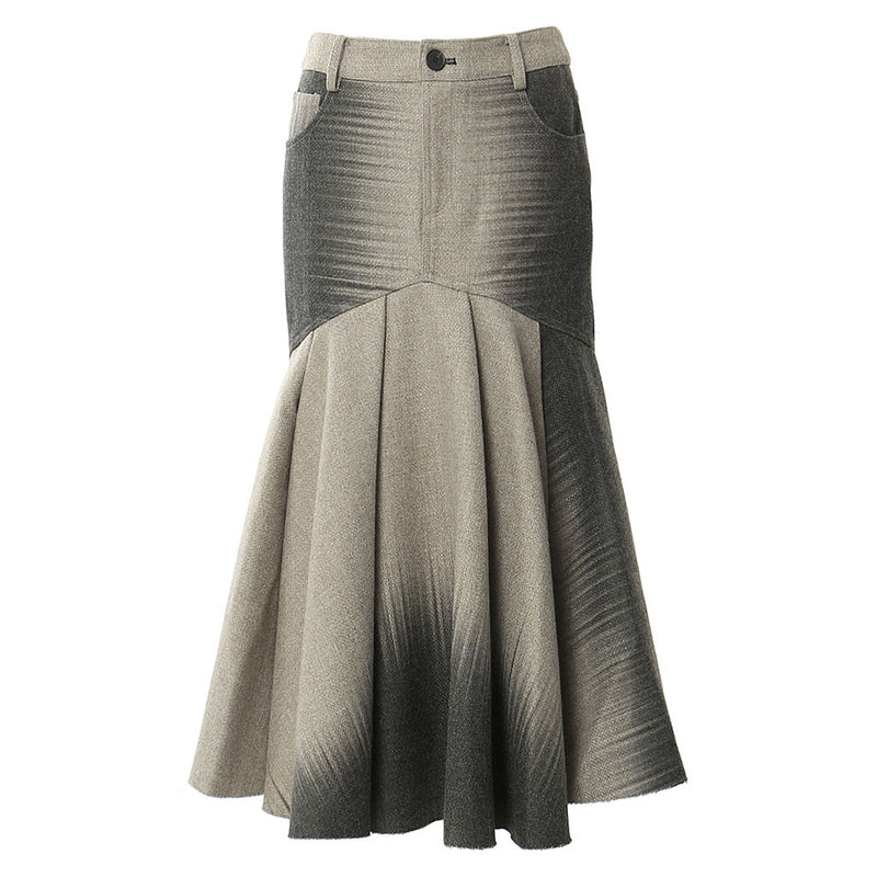 Avant Garde Gradient Print High Waist Pleated Ruffle Fishtail Tweed Midi Skirt