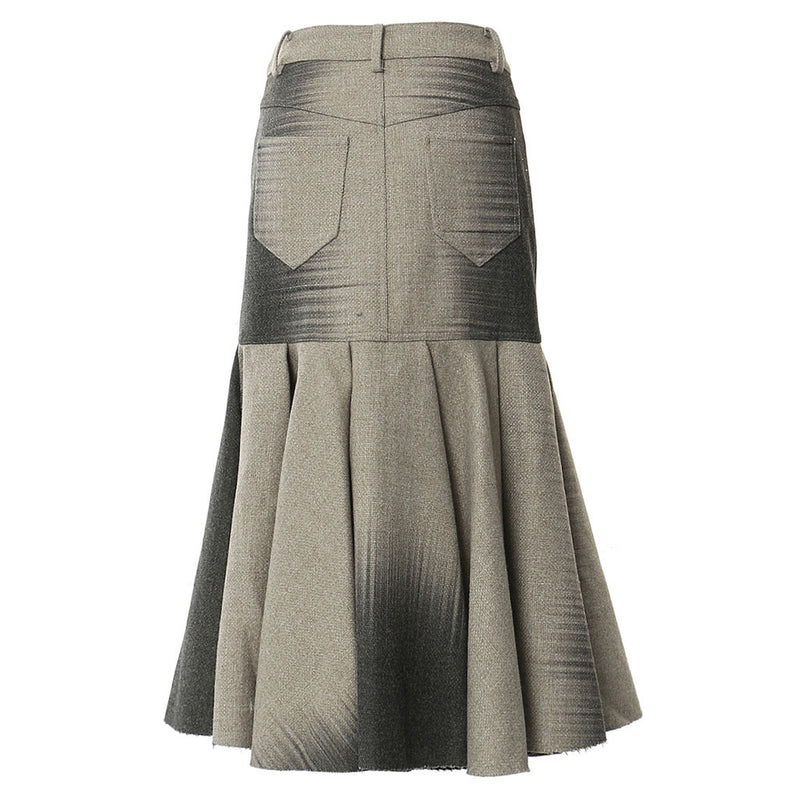 Avant Garde Gradient Print High Waist Pleated Ruffle Fishtail Tweed Midi Skirt