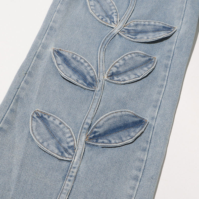 Blooming Floral Applique High Waist Light Wash Wide Leg Denim Jeans