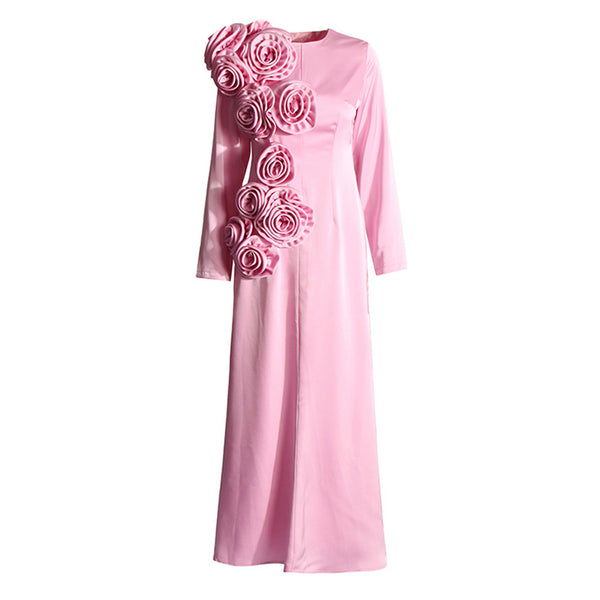 Blooming Rosette Crew Neck Long Sleeves Satin Fishtail Gown Maxi Dress