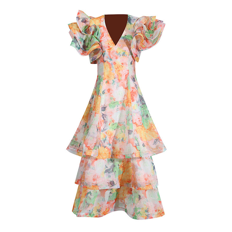 Bohemian Floral Print V Neck Ruffle Tiered Sleeve A Line Vacation Maxi Dress