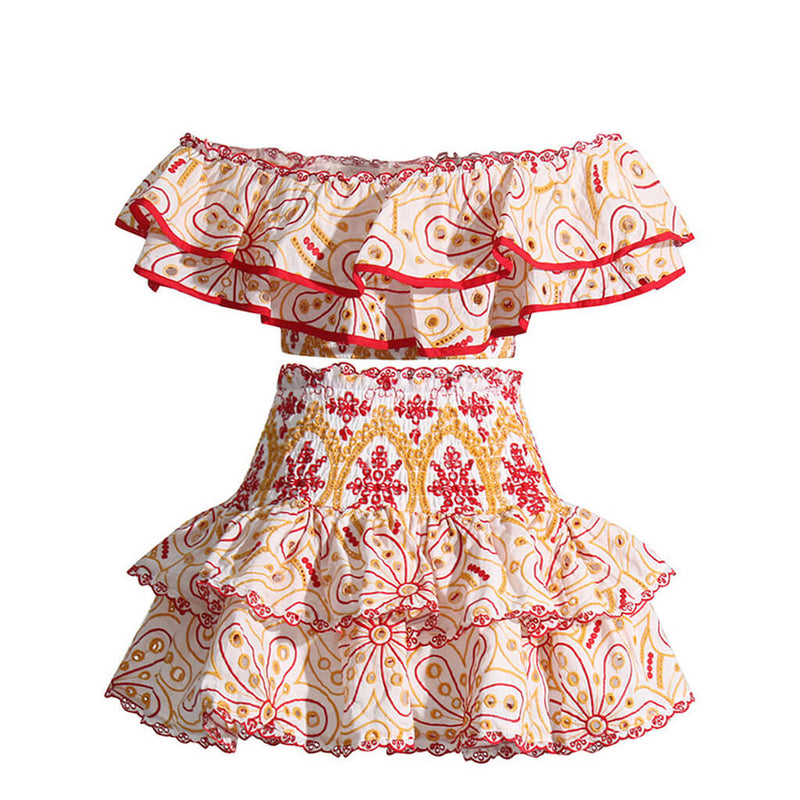 Bohemian Layered Ruffled Broderie Anglaise Scalloped Smocked Matching Set