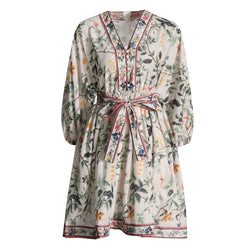 Boho Style V Neck Blouson Sleeve High Waist Belted Floral Print Mini Dress