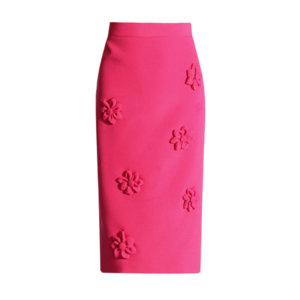 Celebrity Style Solid Color High Waist Rosette Applique Midi Pencil Skirt