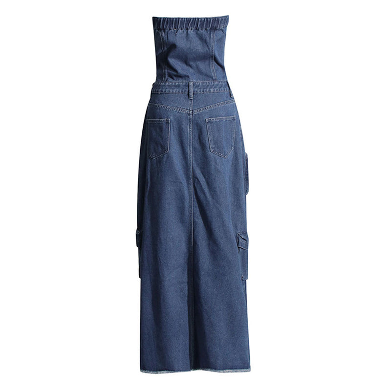 Chic Button Up Strapless Cargo Pocket Split Frayed Hem Denim Maxi Dress