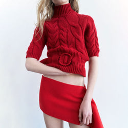 Classic High Neck Half Sleeve Belted Chunky Cable Knit Pullover Sweater