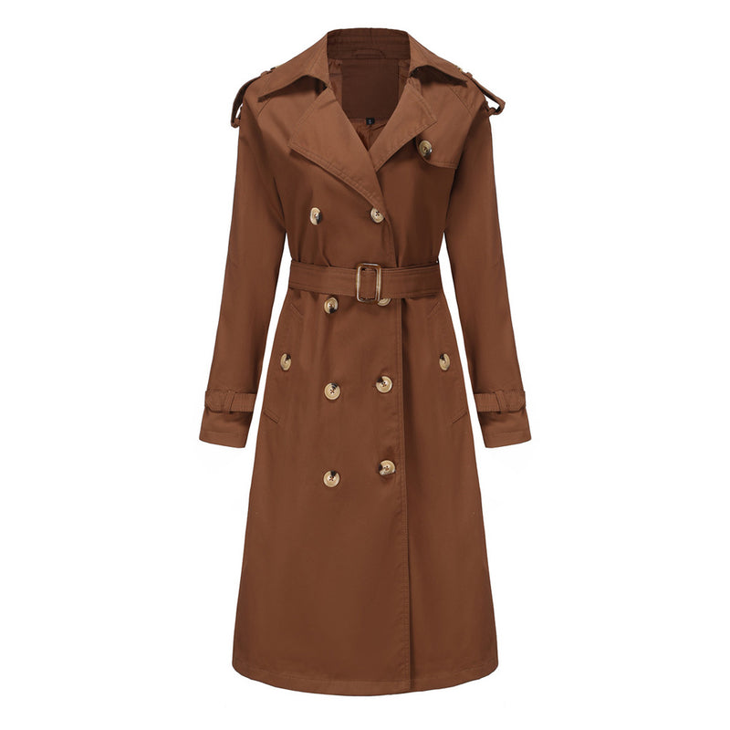 Classic Lapel Collar Long Sleeve Double Breasted Belted Split Trench Coat