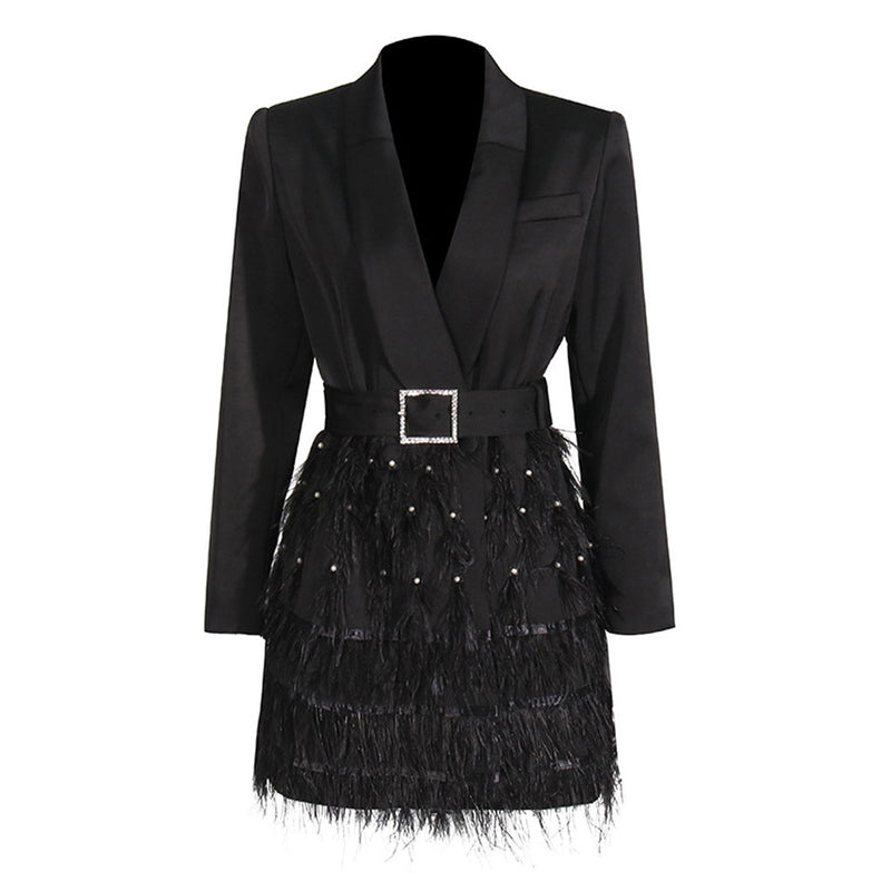 Classy Pearl Feather Belted Shawl Collar One Button Micro Mini Blazer Dress