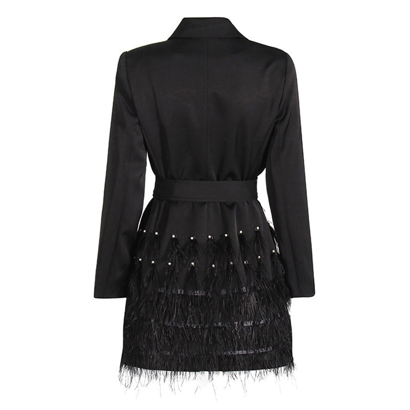 Classy Pearl Feather Belted Shawl Collar One Button Micro Mini Blazer Dress