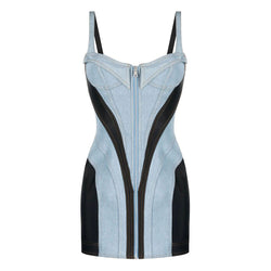 Contrast Blue & Black Bustier Front Zip Bodycon Hybrid Denim Mini Sundress