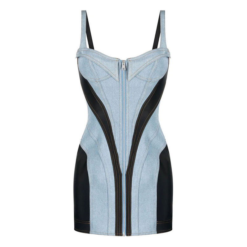 Contrast Blue & Black Bustier Front Zip Bodycon Hybrid Denim Mini Sundress