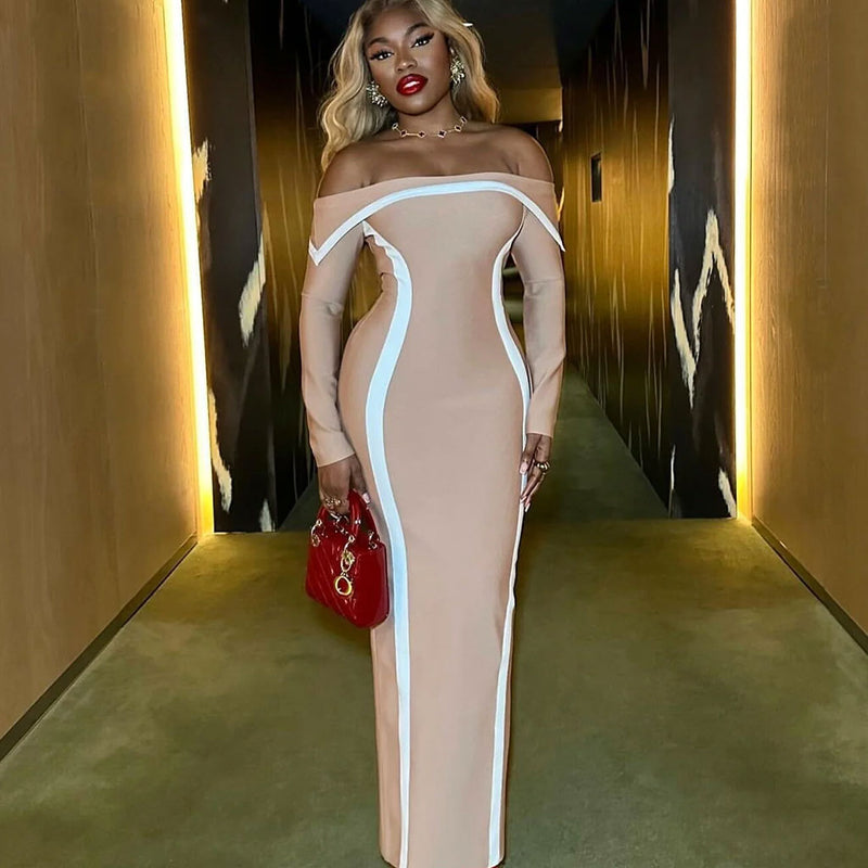 Contrast Foldover Off Shoulder Long Sleeve Bodycon Bandage Maxi Dress