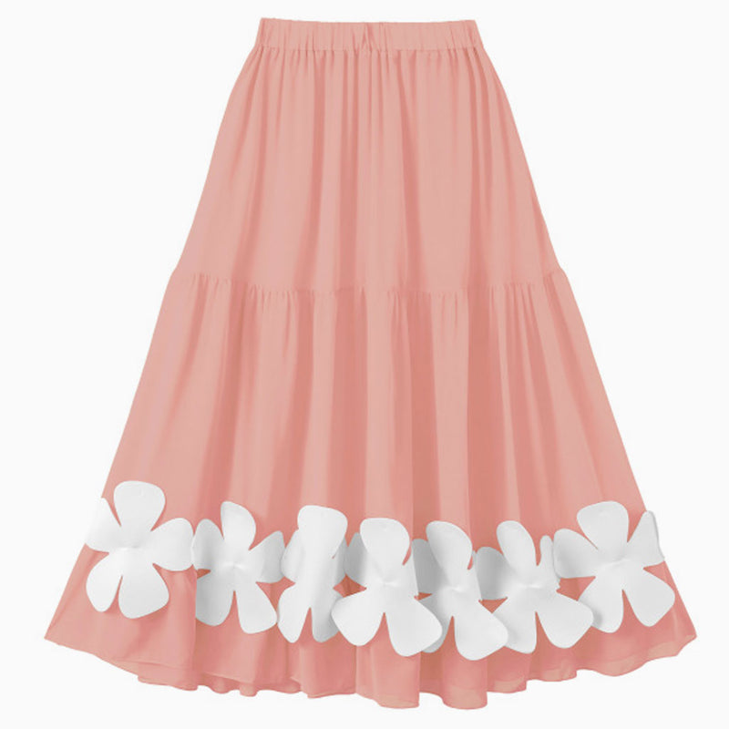 Cute 3D Petal Flower High Waist Ruched Summer Cover Up Maxi Beach Skirt