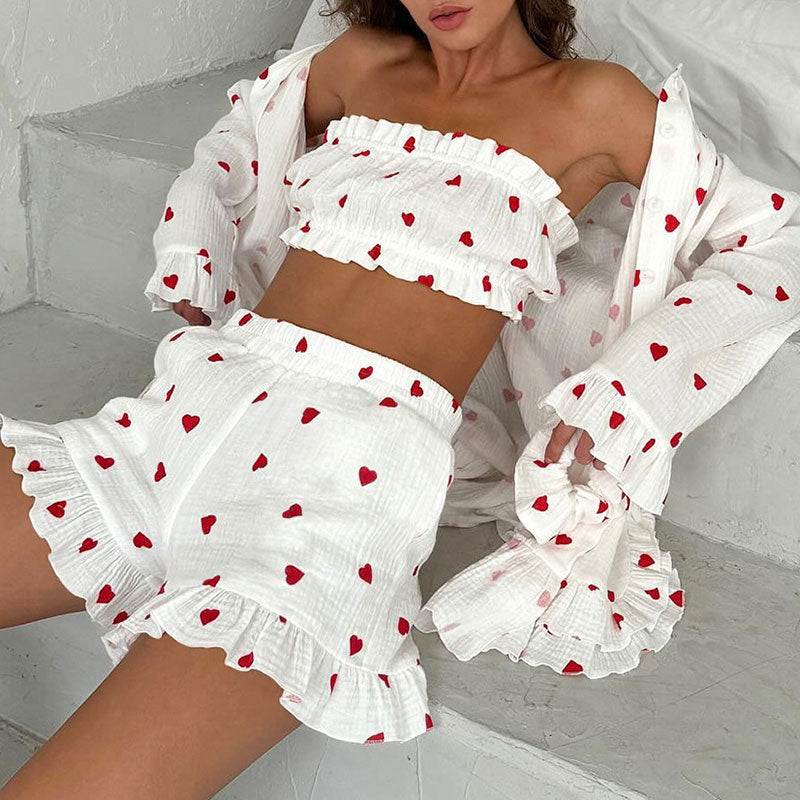 Cute Heart Printed Ruffled Tube Bra Top Button Up Cotton Gauze Lounge Set