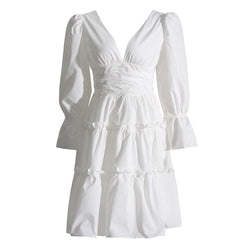 Cute Plunge 3/4 Sleeve Gathered High Waist Bow Tie Tiered Mini Dress