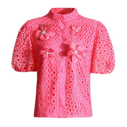 Cute Rosette Stand Collar Puff Sleeve Button Down Guipure Lace Cutwork Blouse